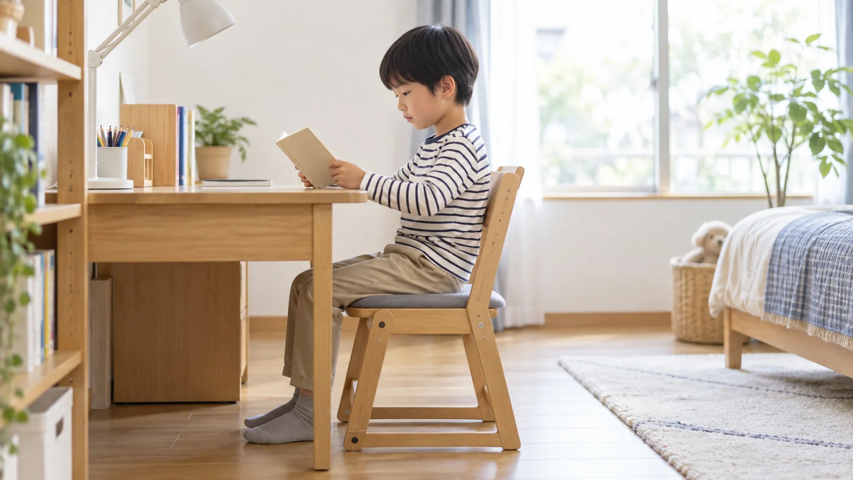 自宅の机で姿勢を保ちながら本を読む子ども