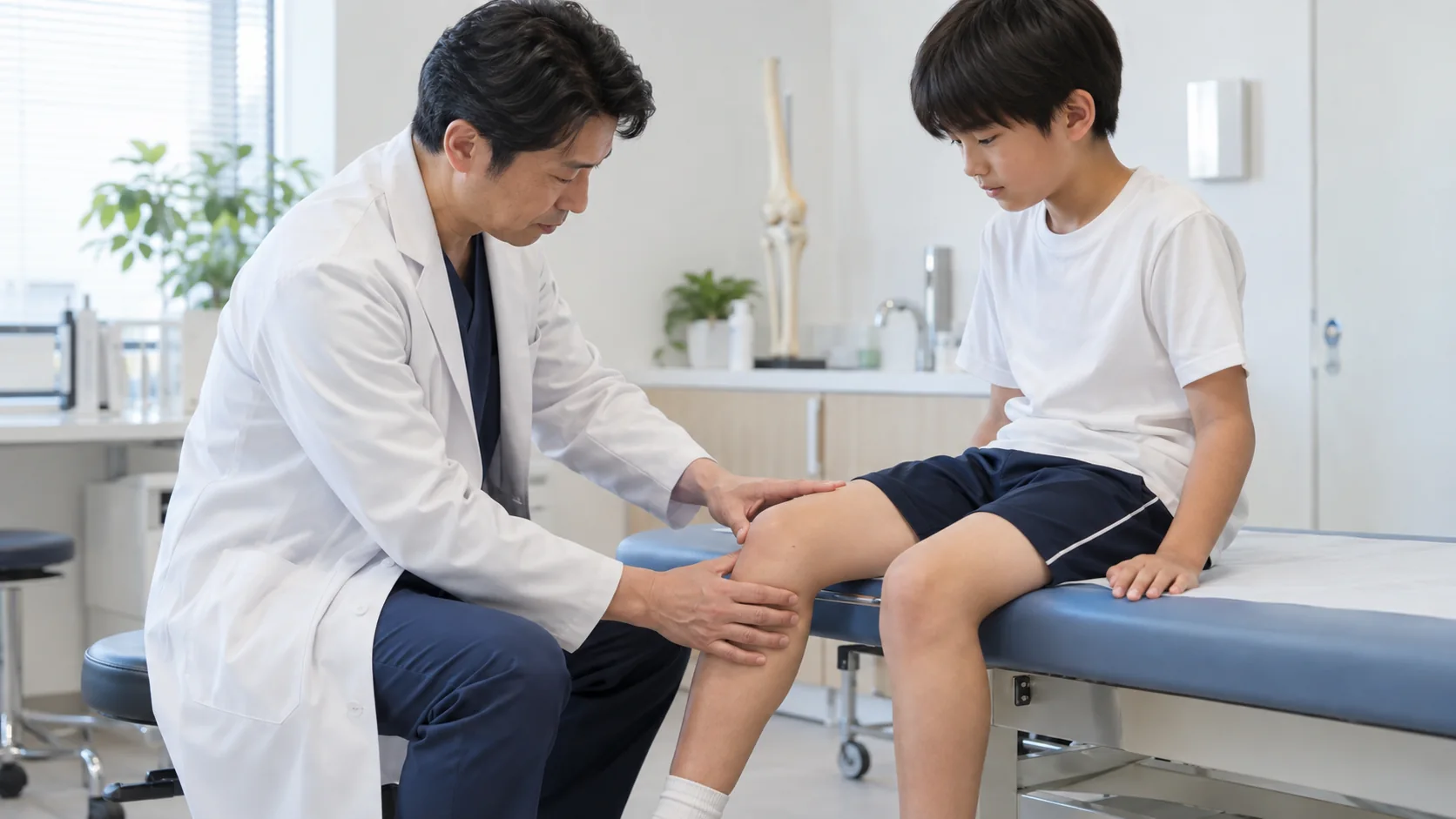整形外科で子どもの膝の状態を確認する医師