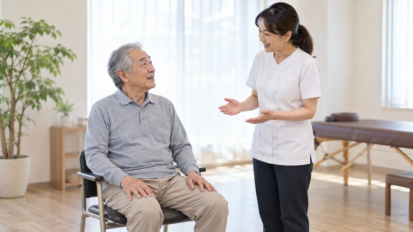 座った姿勢で体調を確認する高齢の男性と施術者