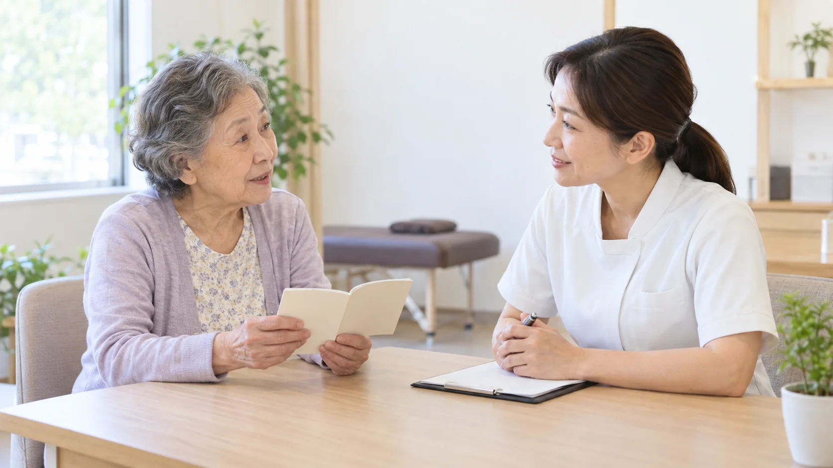 服薬の情報を施術者に伝える高齢の女性