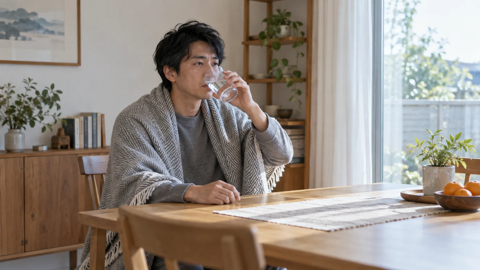 自宅で水分をとり休息する男性