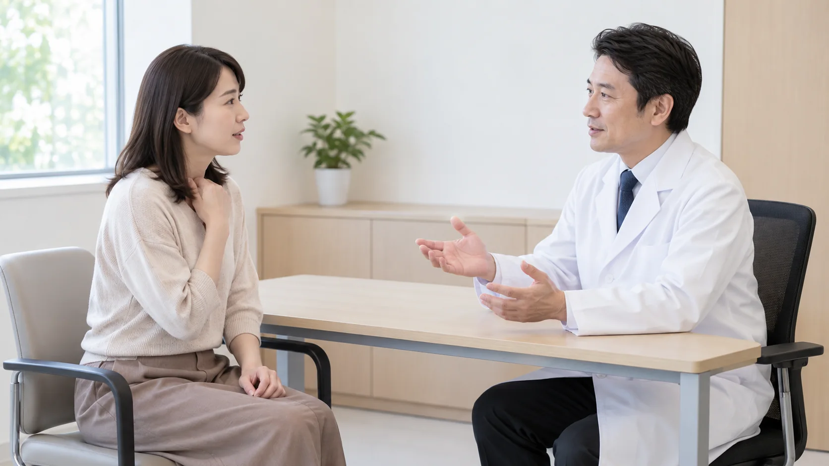 医療機関で発熱について相談する女性と医師