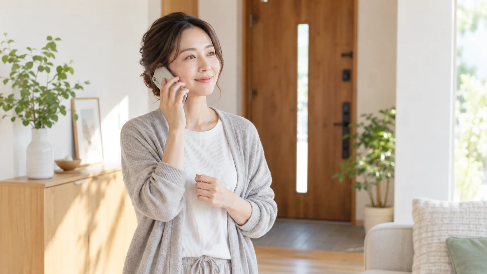 体調不良で予約変更の電話をする女性