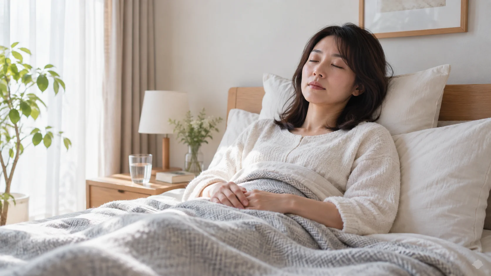発熱時に自宅で安静に過ごす女性