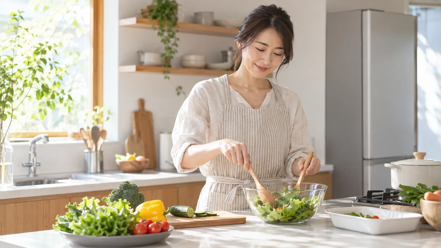 回復後に自宅で食事を準備する女性