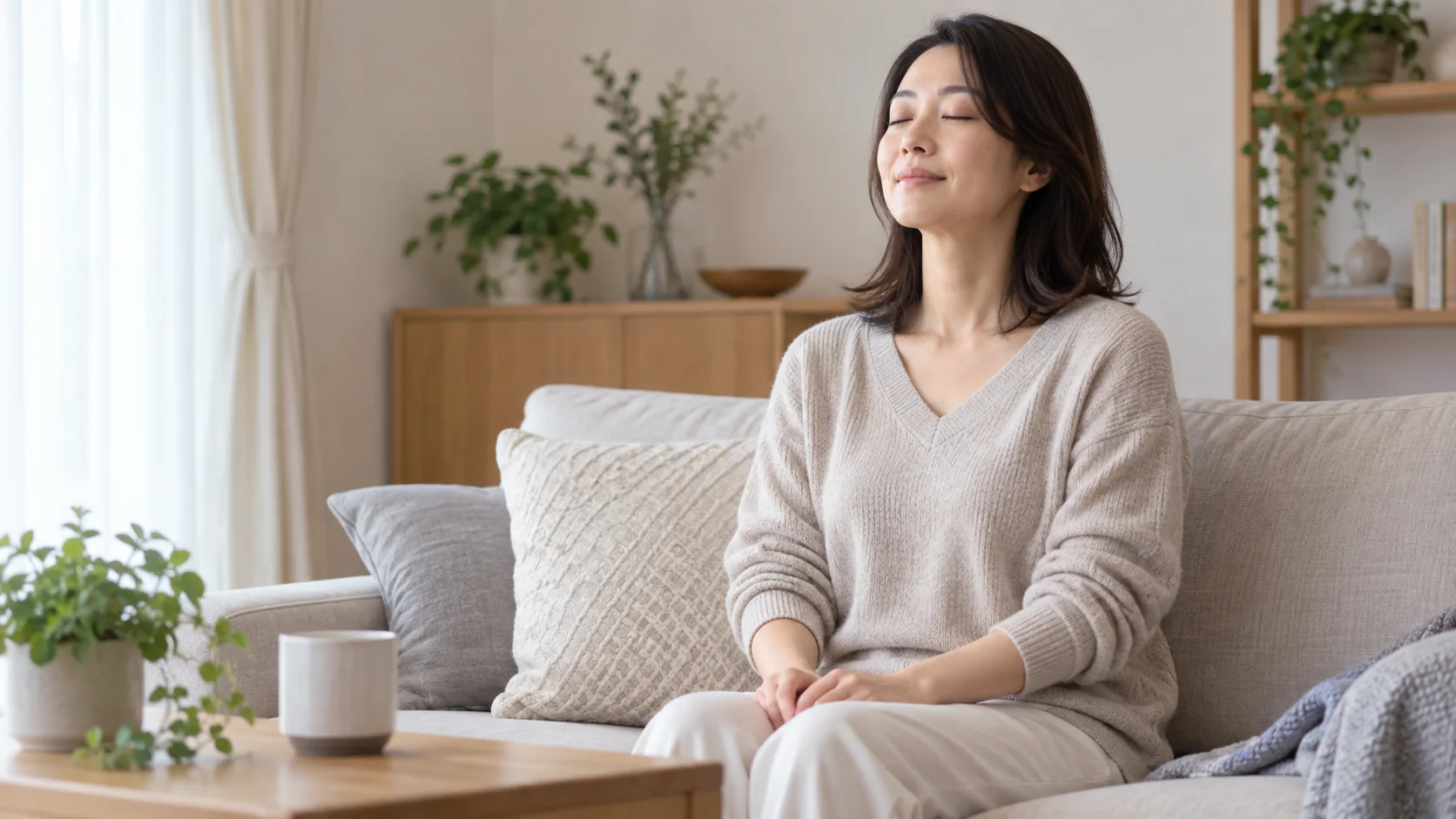 深呼吸しながら体の力みを確かめる女性
