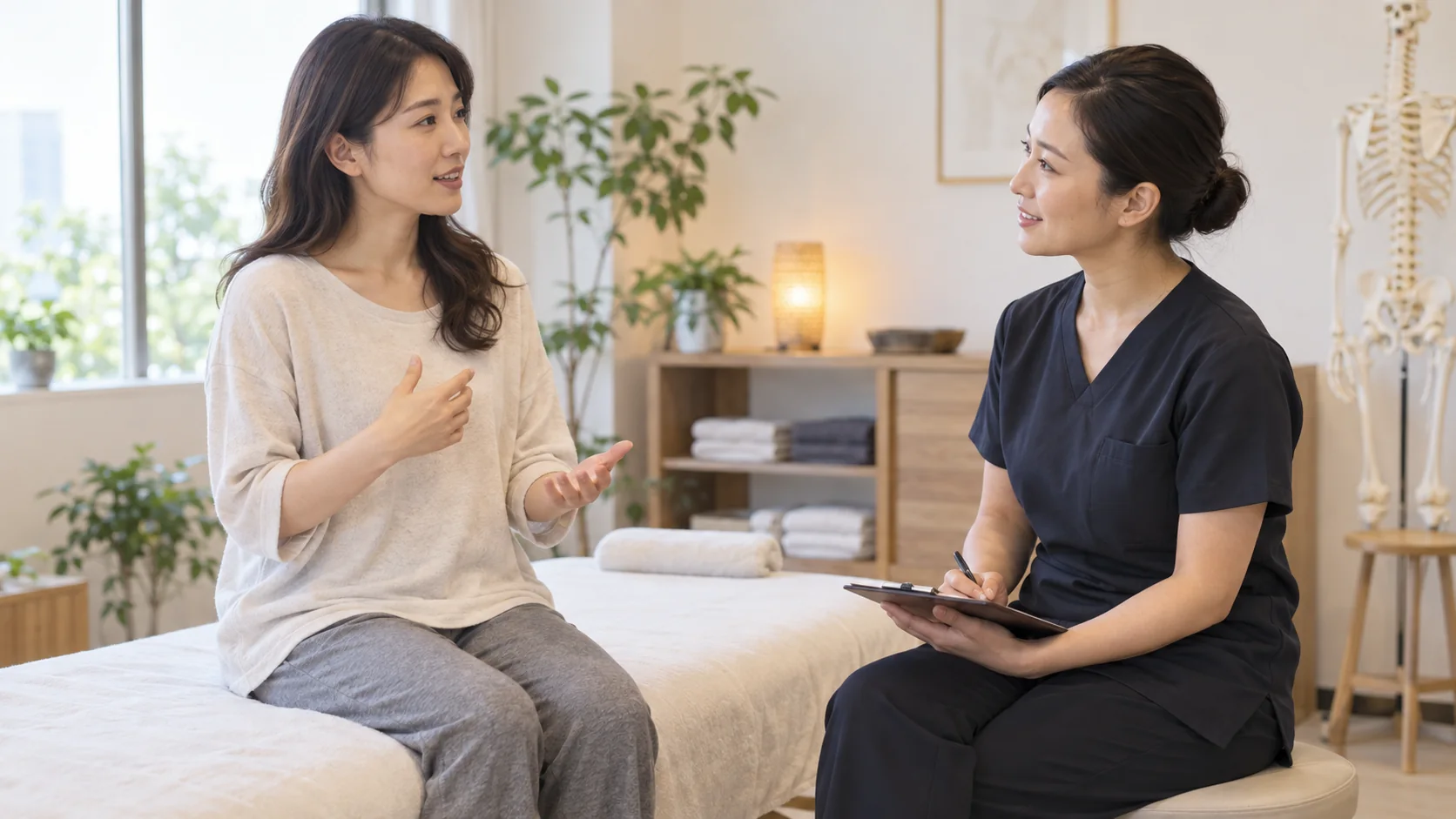 施術前に強さの希望を確認する女性と施術者