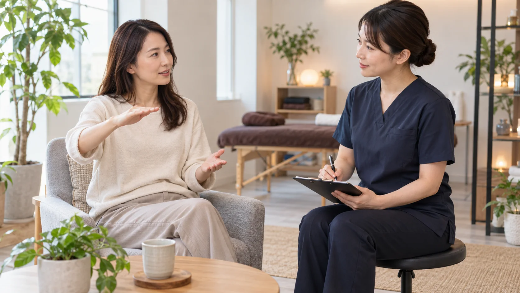 施術の強さについて説明を受ける女性