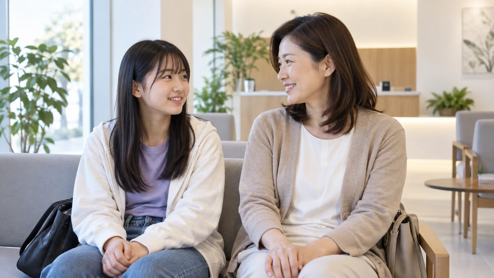 整体の予約前に保護者と相談する未成年の娘