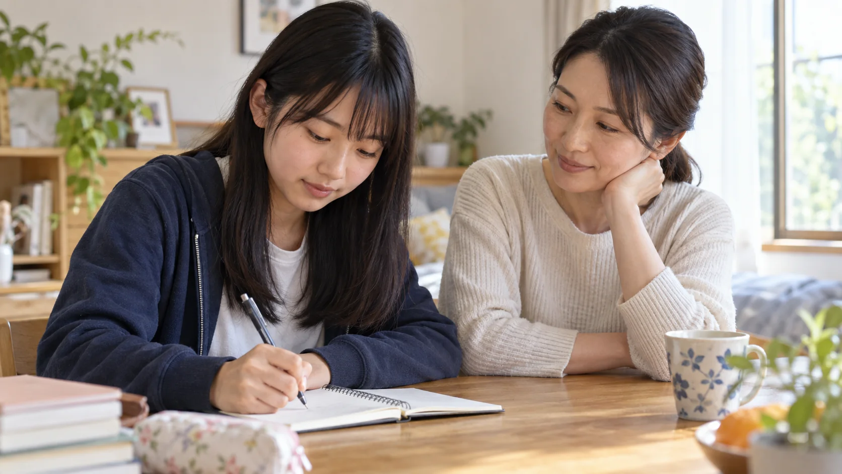 整体についての質問を整理する未成年の娘と保護者