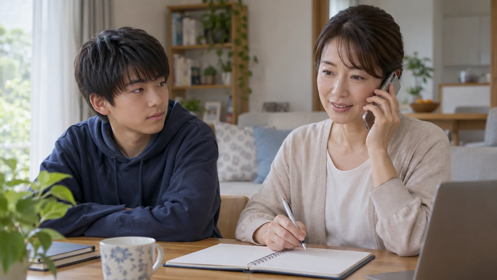 予約時の確認を電話で行う保護者と未成年の子ども