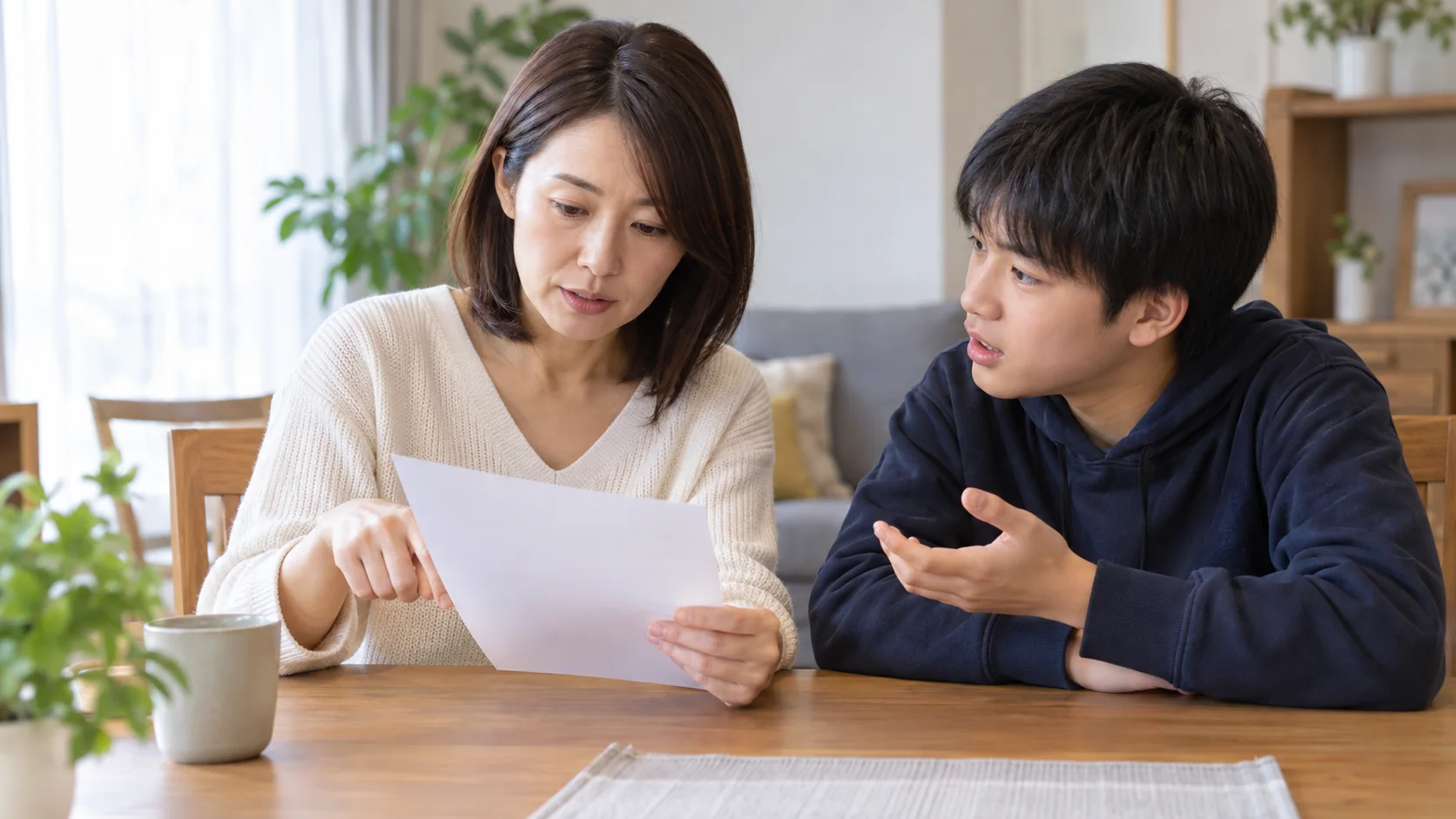 同意書の内容を親子で確認する様子