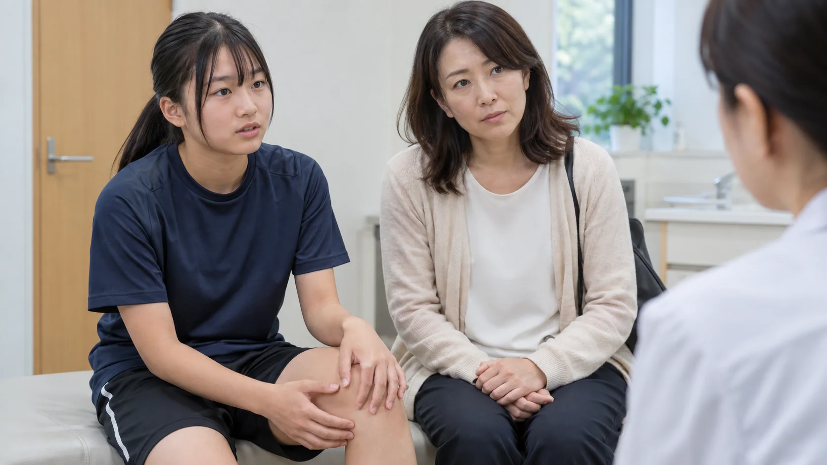 膝の痛みについて医療機関で相談する未成年と保護者