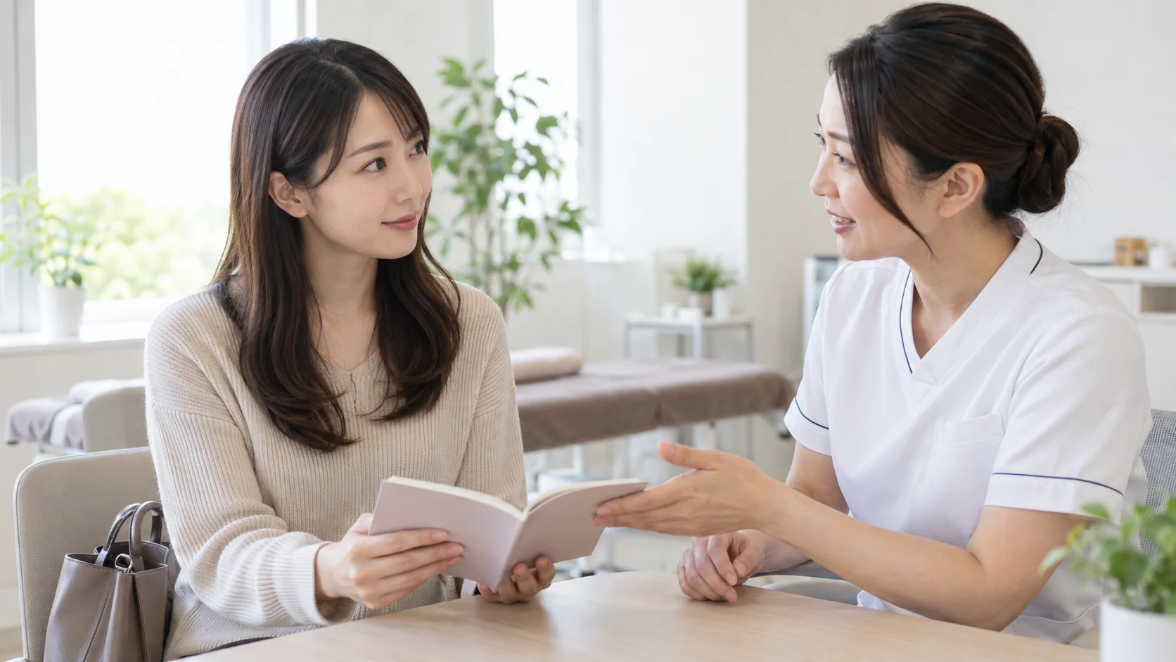 お薬手帳を施術者に見せる女性