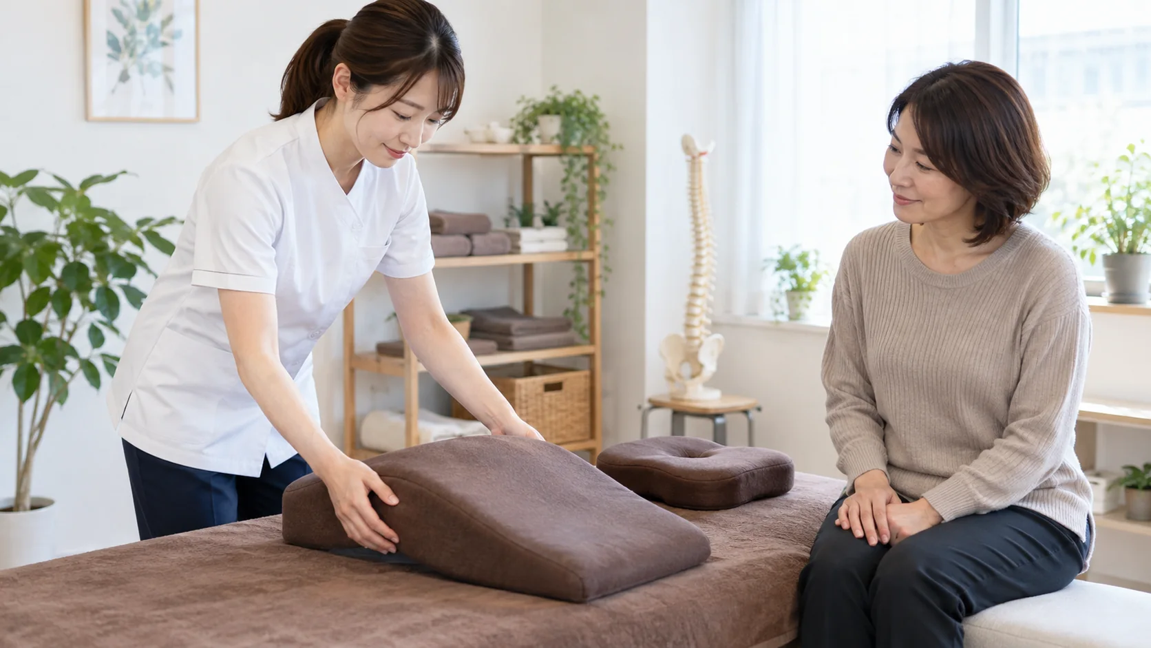 術後の体勢に合わせてクッションを準備する施術者