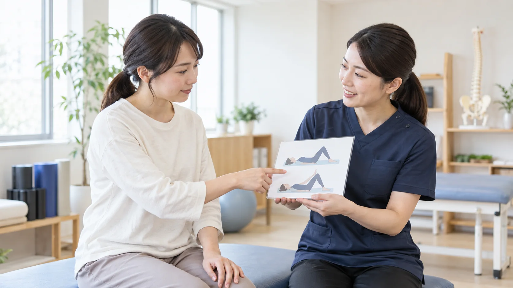 体勢の注意点を施術者と確認する女性
