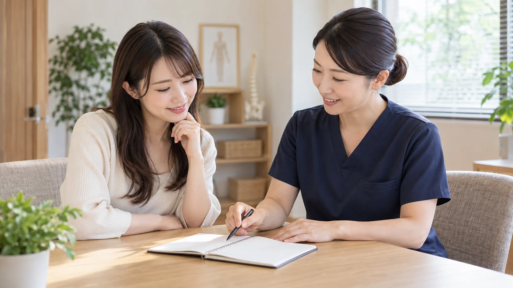 術後の整体について質問を整理する女性