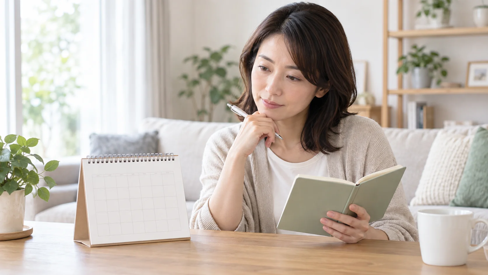 回復の予定をカレンダーで確かめる女性