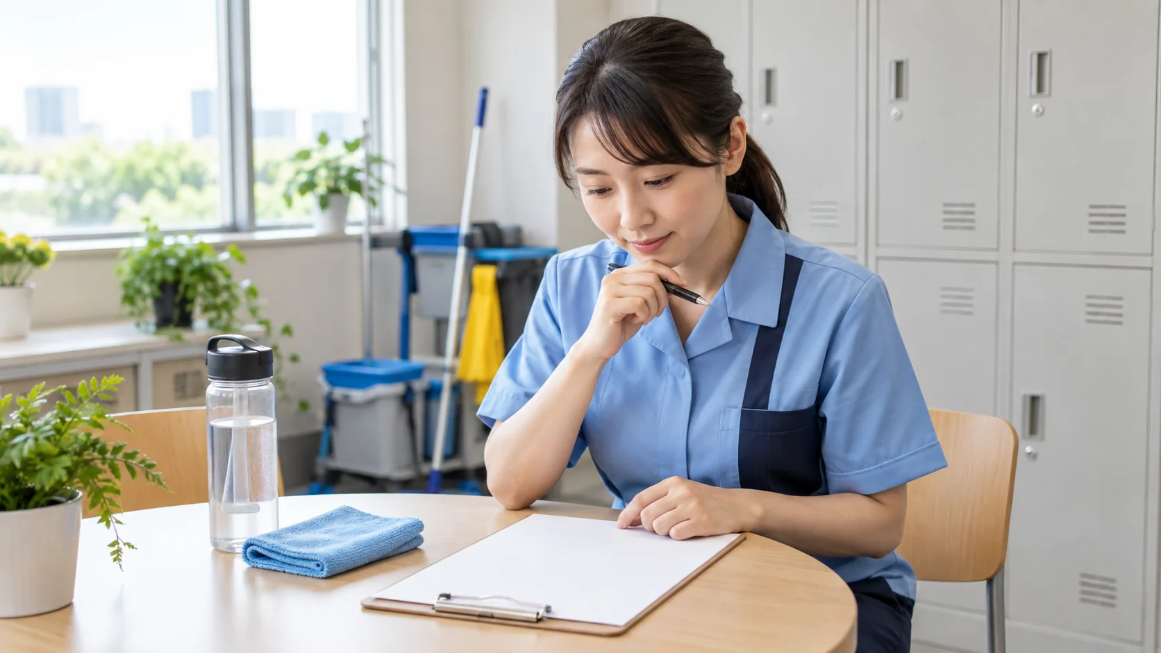 休憩中に腰痛対策の質問を整理する清掃員