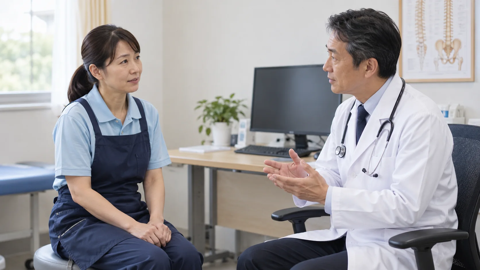 腰の不調について医師に相談する清掃員