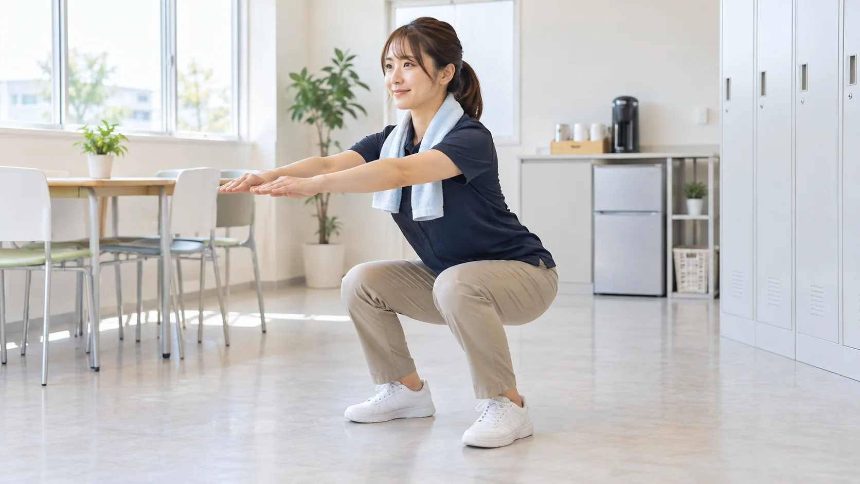 休憩室で安定したしゃがみ姿勢を確認する清掃員