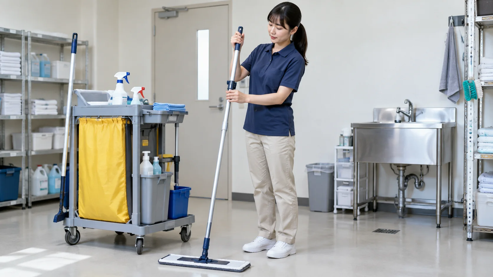 モップの柄の長さを調整する清掃員
