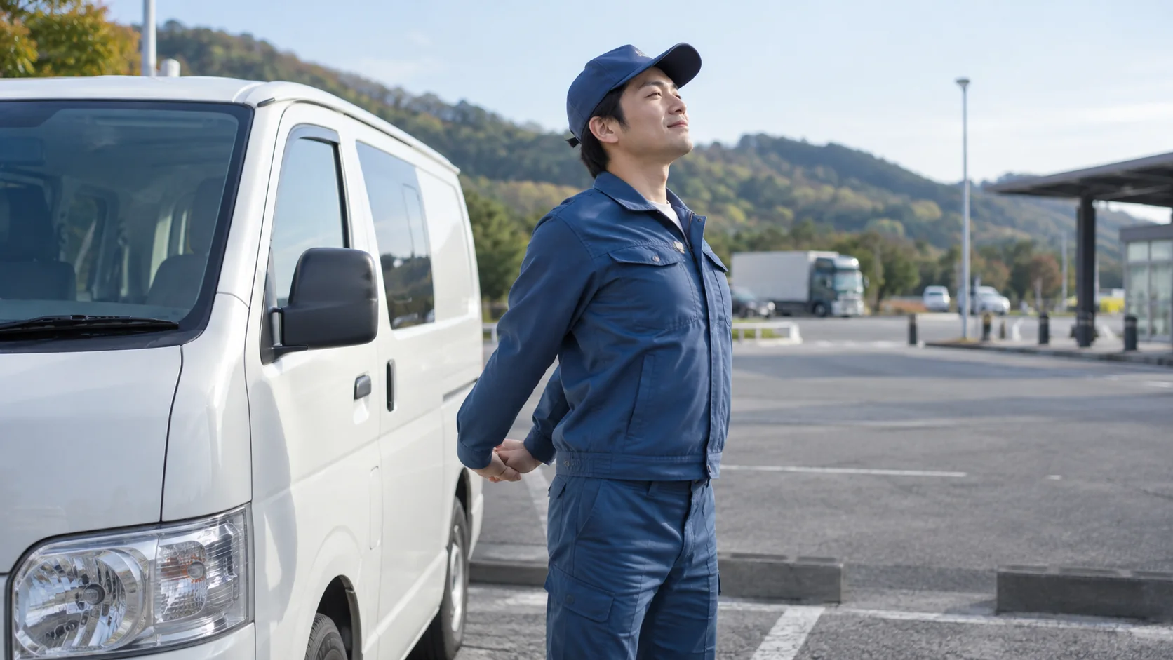 休憩中に胸を開いて肩を休める配送ドライバー