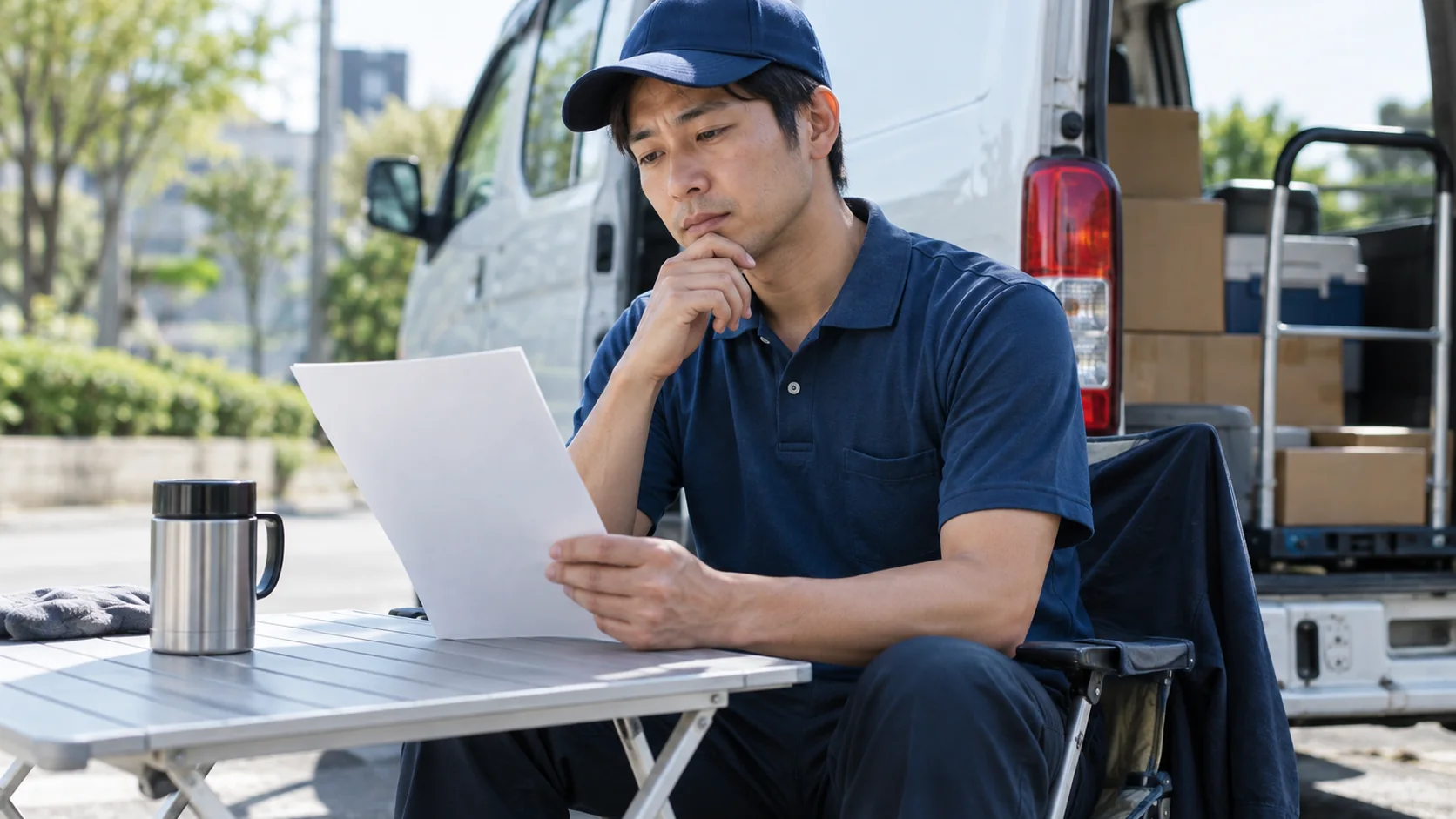休憩中に肩こり対策を確認する配送ドライバー