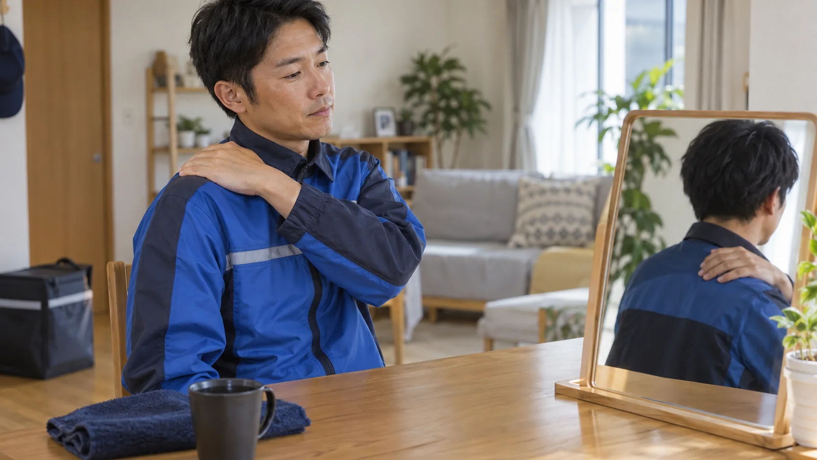 自宅で肩の状態を確認する配送ドライバー