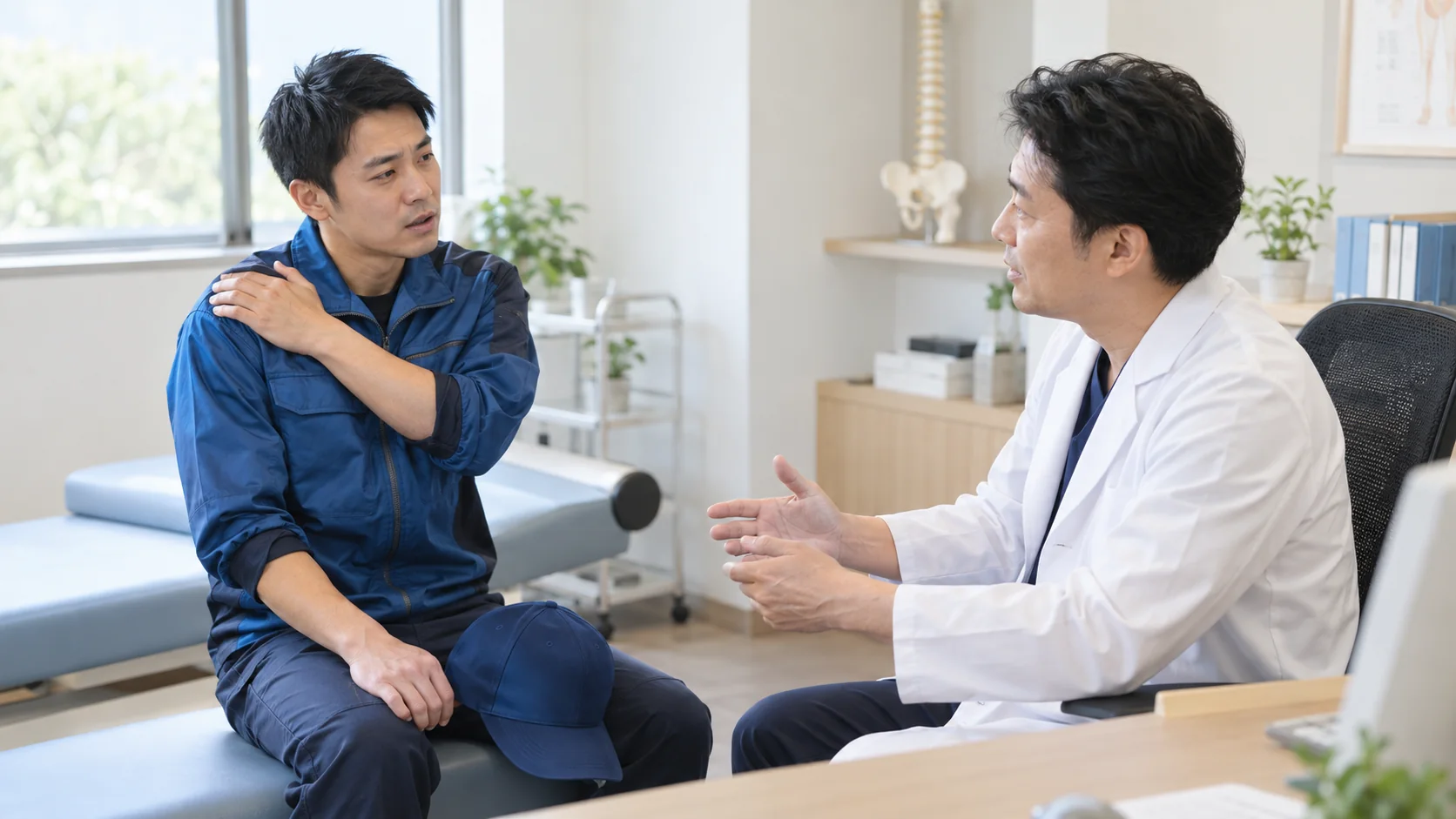 肩の不調について医師に相談する配送ドライバー