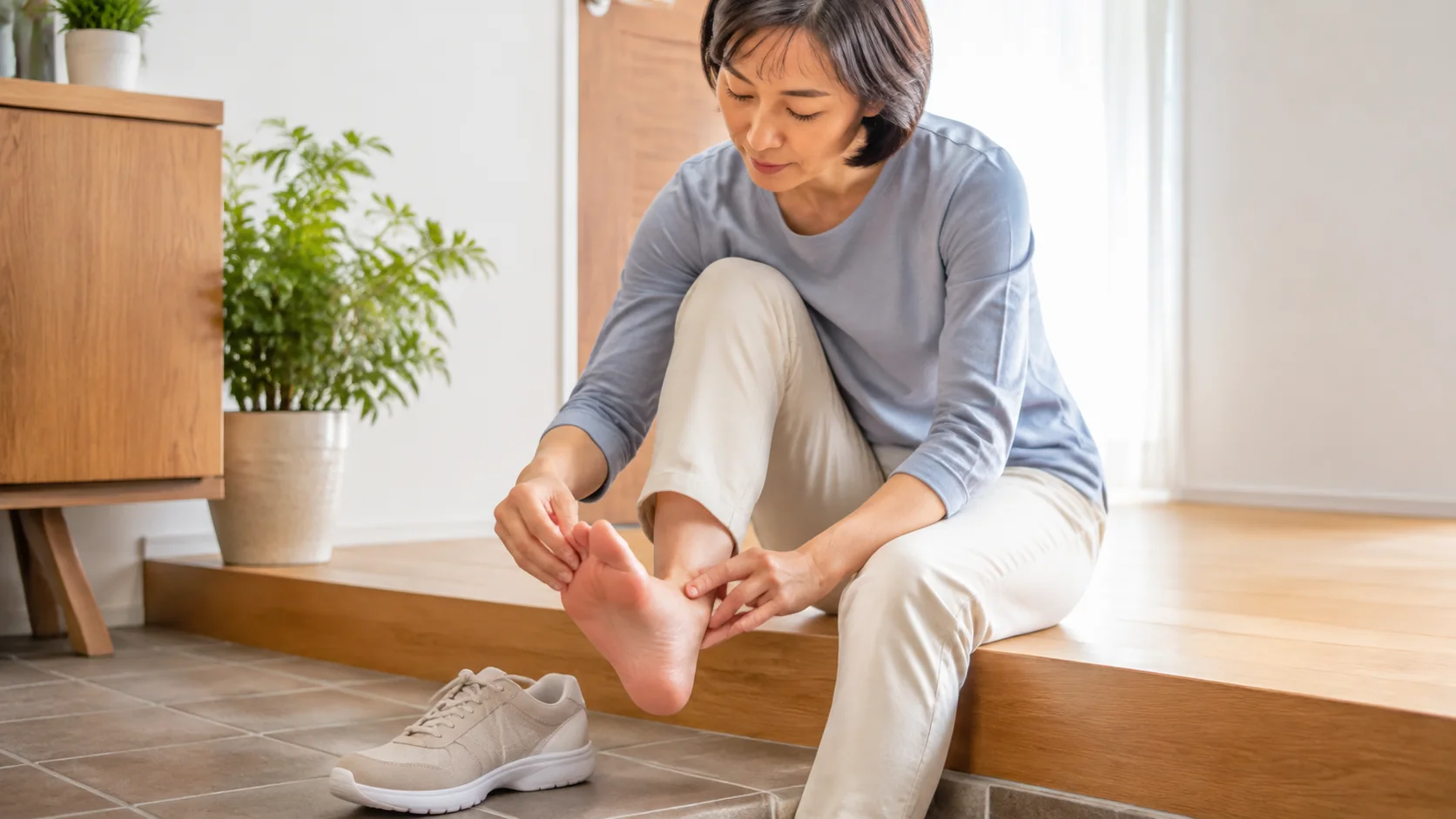 靴を脱いだあとに足の圧迫跡を確認する人