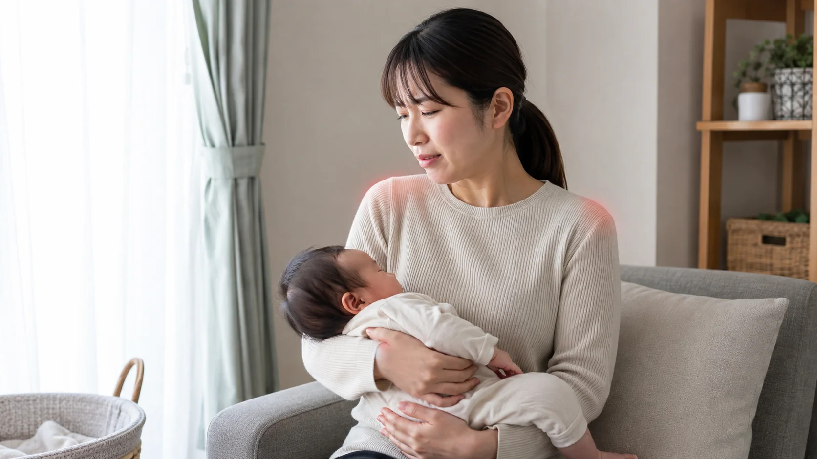 授乳姿勢を自力で支えて肩に負担がかかる様子