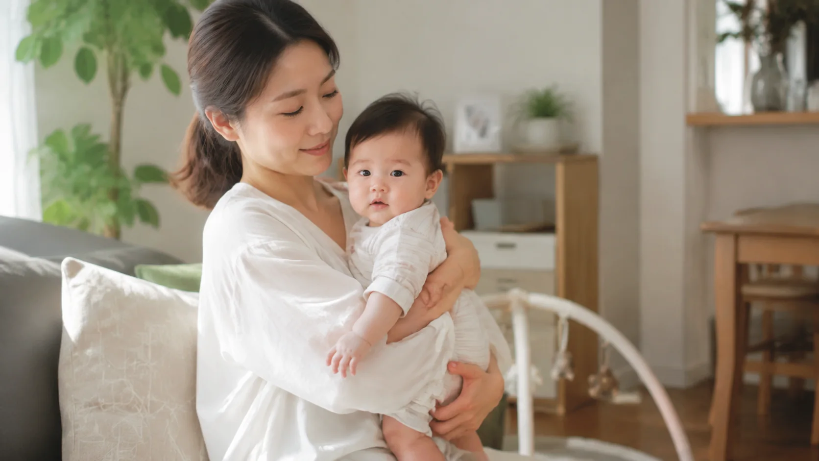 手首を反らさず赤ちゃんを体に寄せて抱く産後の母親