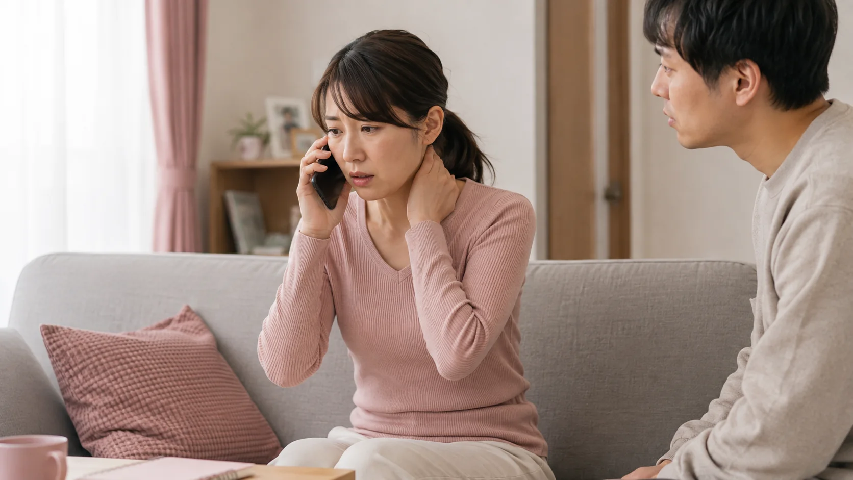 交通事故後の危険な症状について救急相談する女性