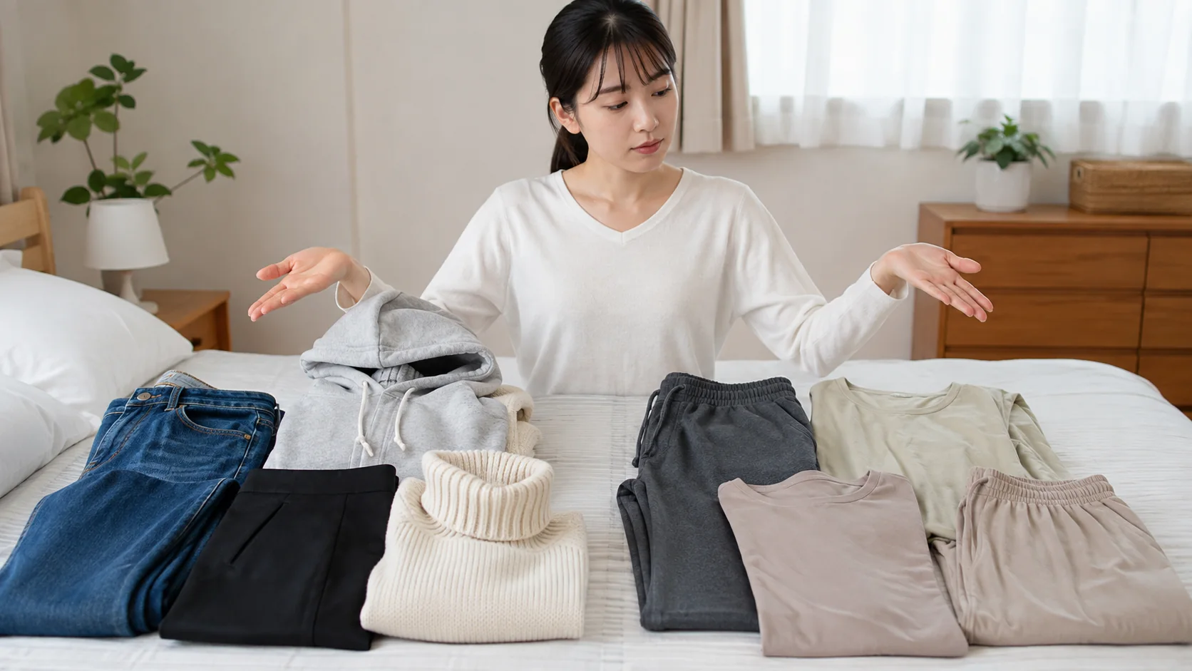 整体に向かない硬い服と動きやすい服を比べる女性