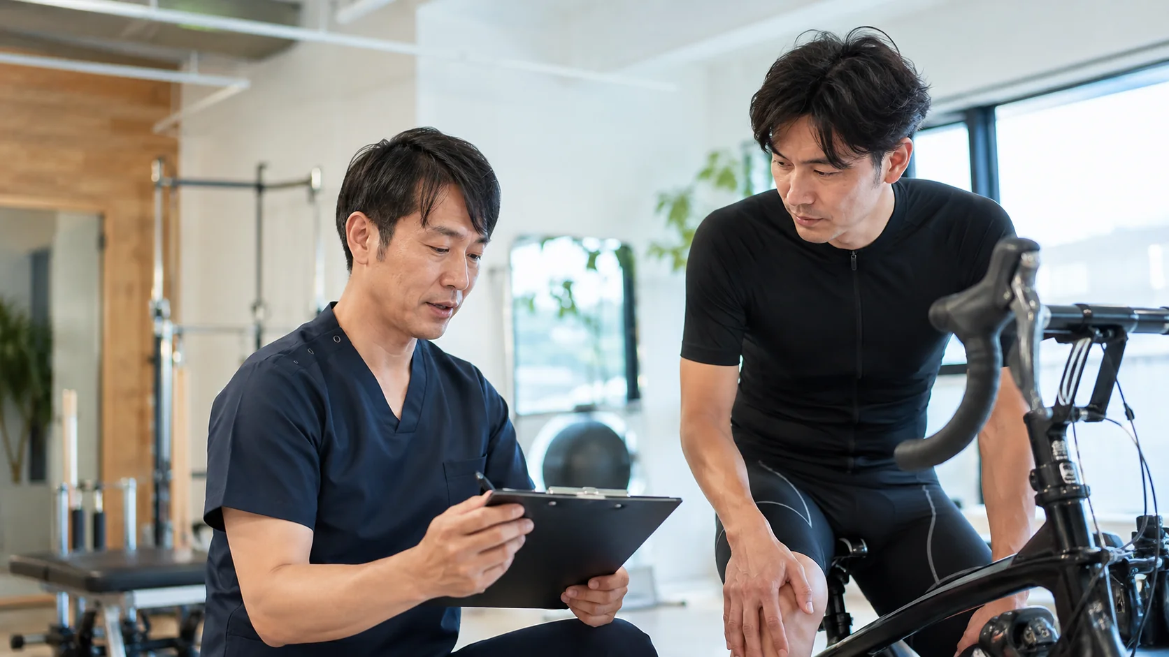 自転車のこぎ方と膝の状態を確認する専門家