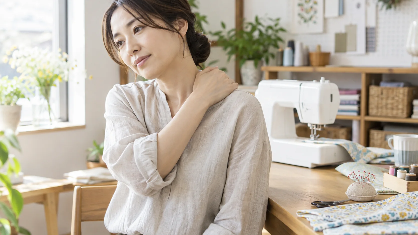 ミシン作業後に肩を確認する女性