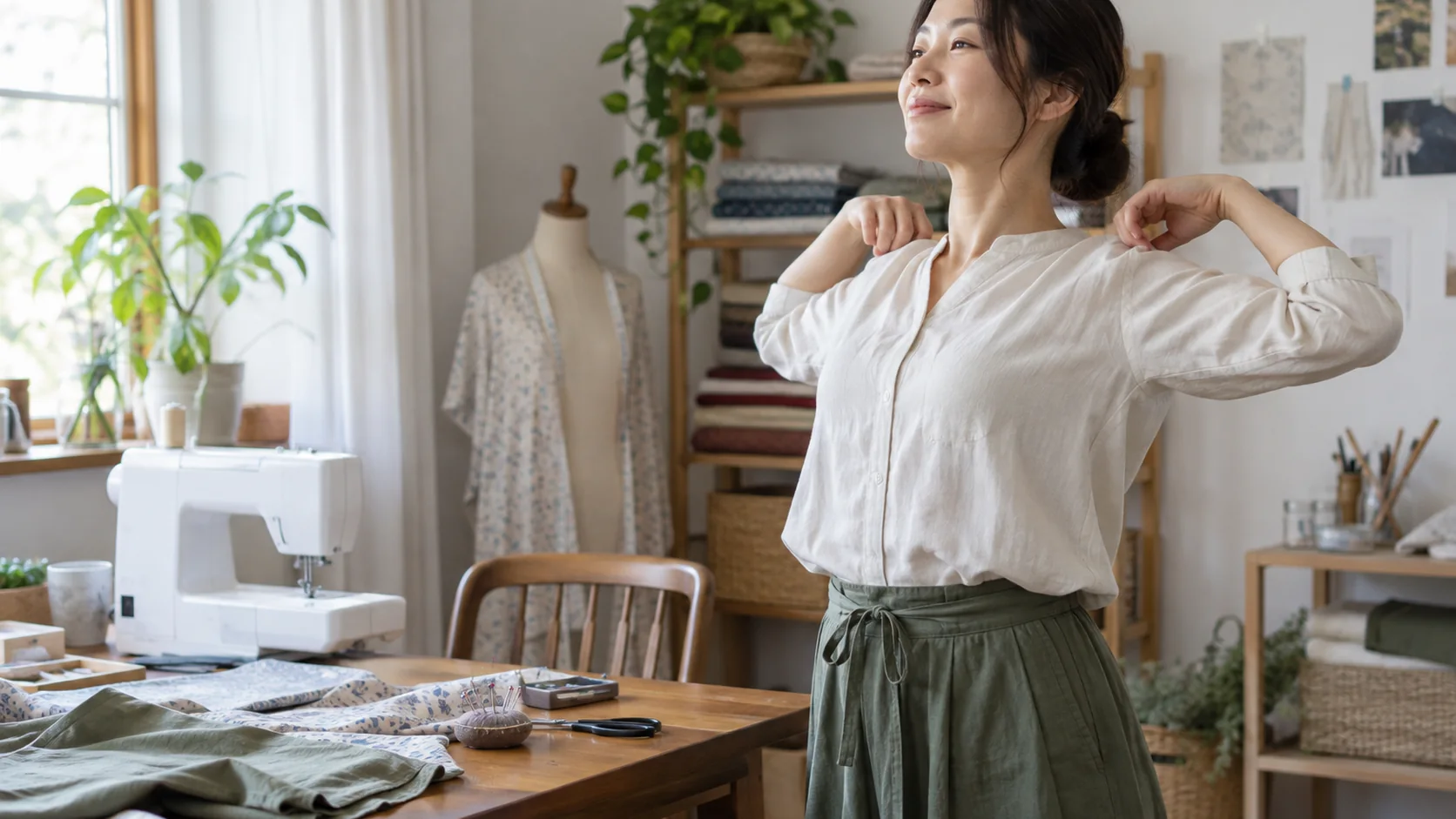 縫い物の合間に肩を休める女性