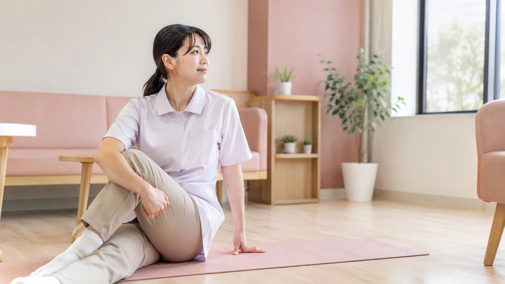 勤務後に腰まわりをやさしく整える介護士
