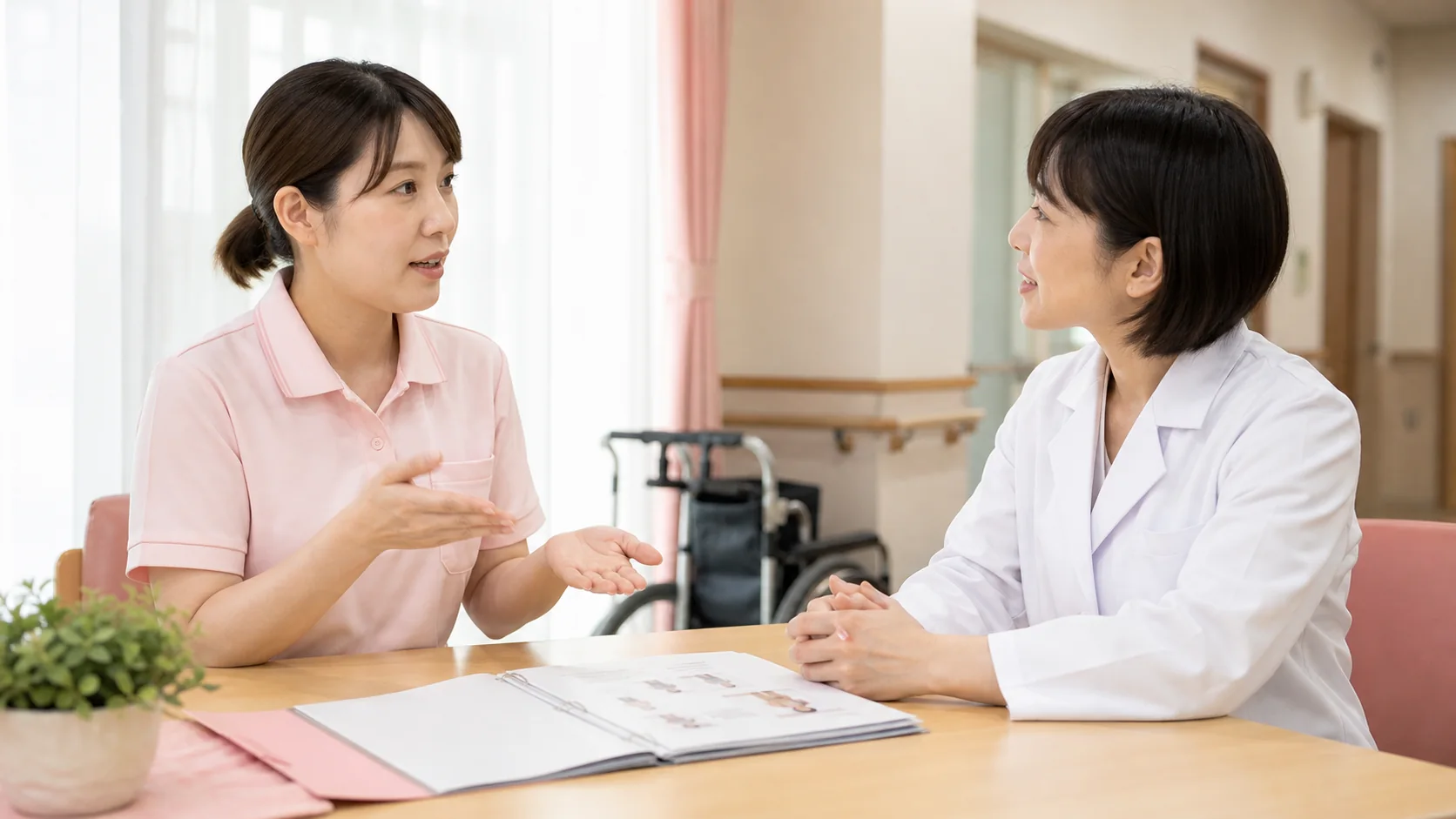 介護士の腰痛対策について質問する女性