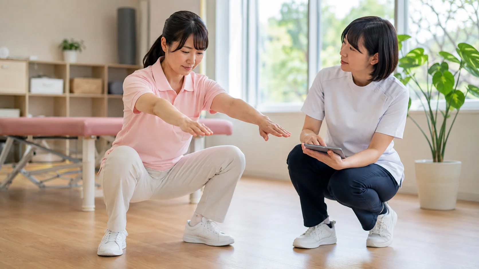 介護士がしゃがみ込みと股関節の動きを確認する様子