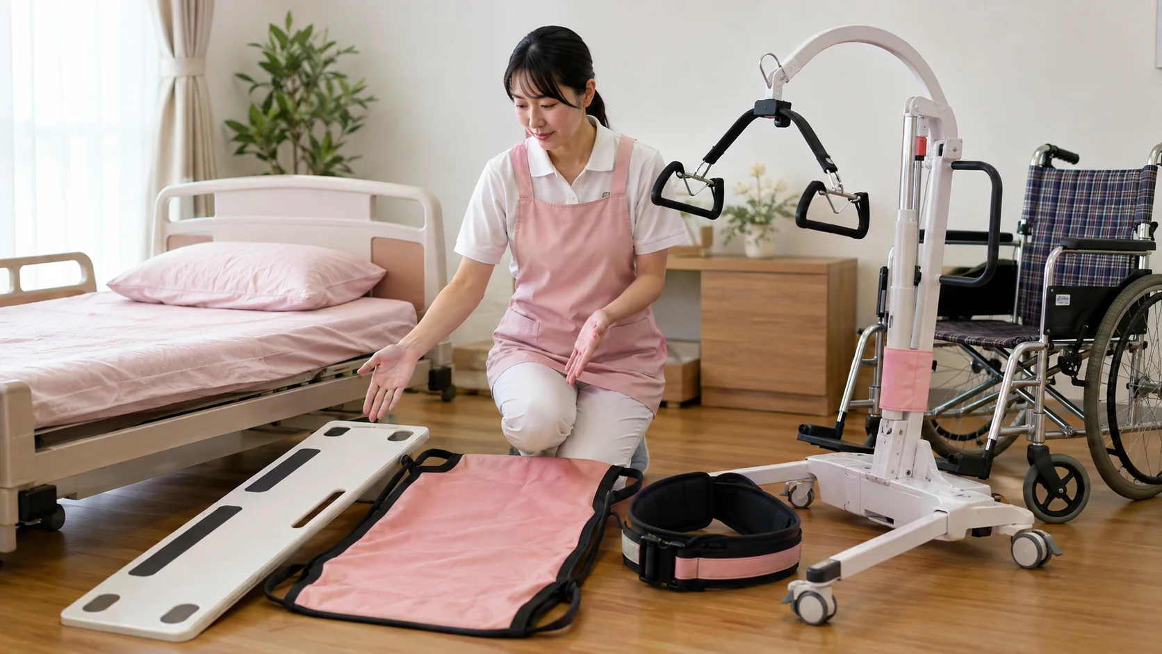 スライディングボードなど福祉用具を使う介護士