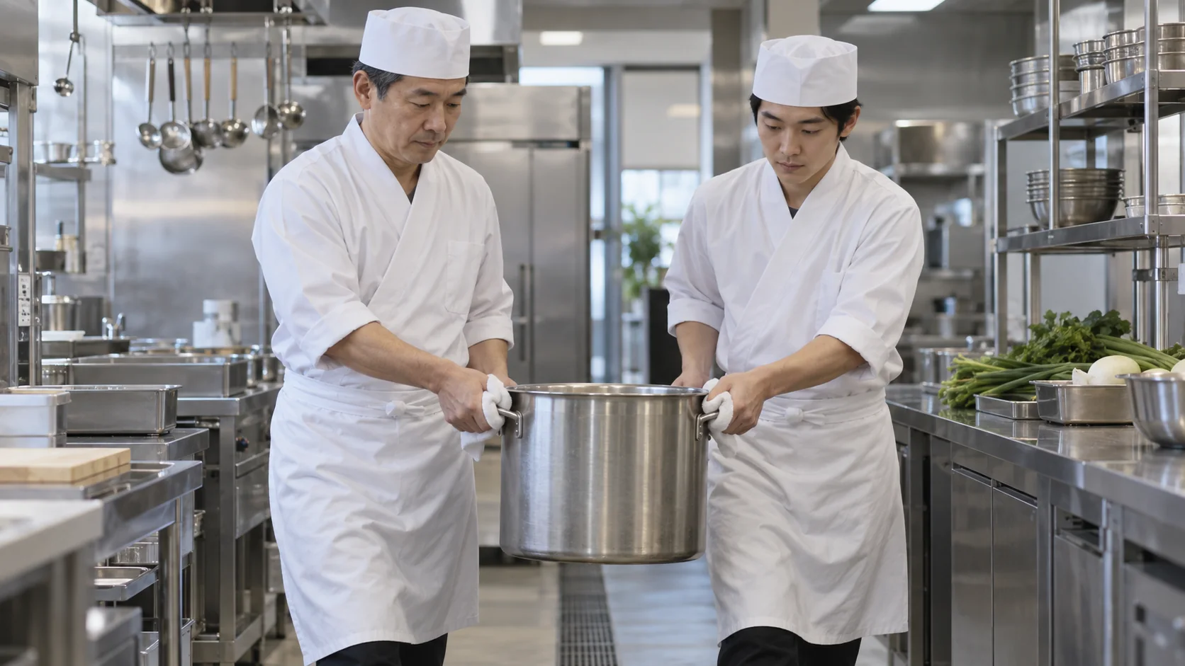大きな寸胴鍋を二人で安全に運ぶ調理師