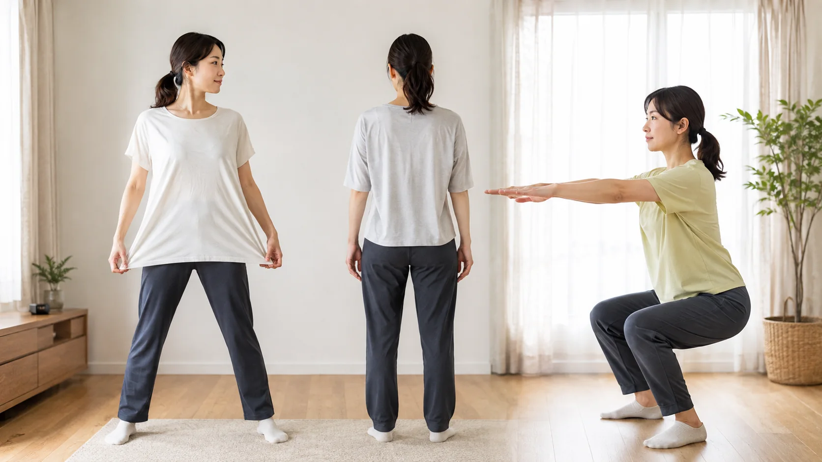 動きやすい整体向けの服装で体を動かして確認する女性