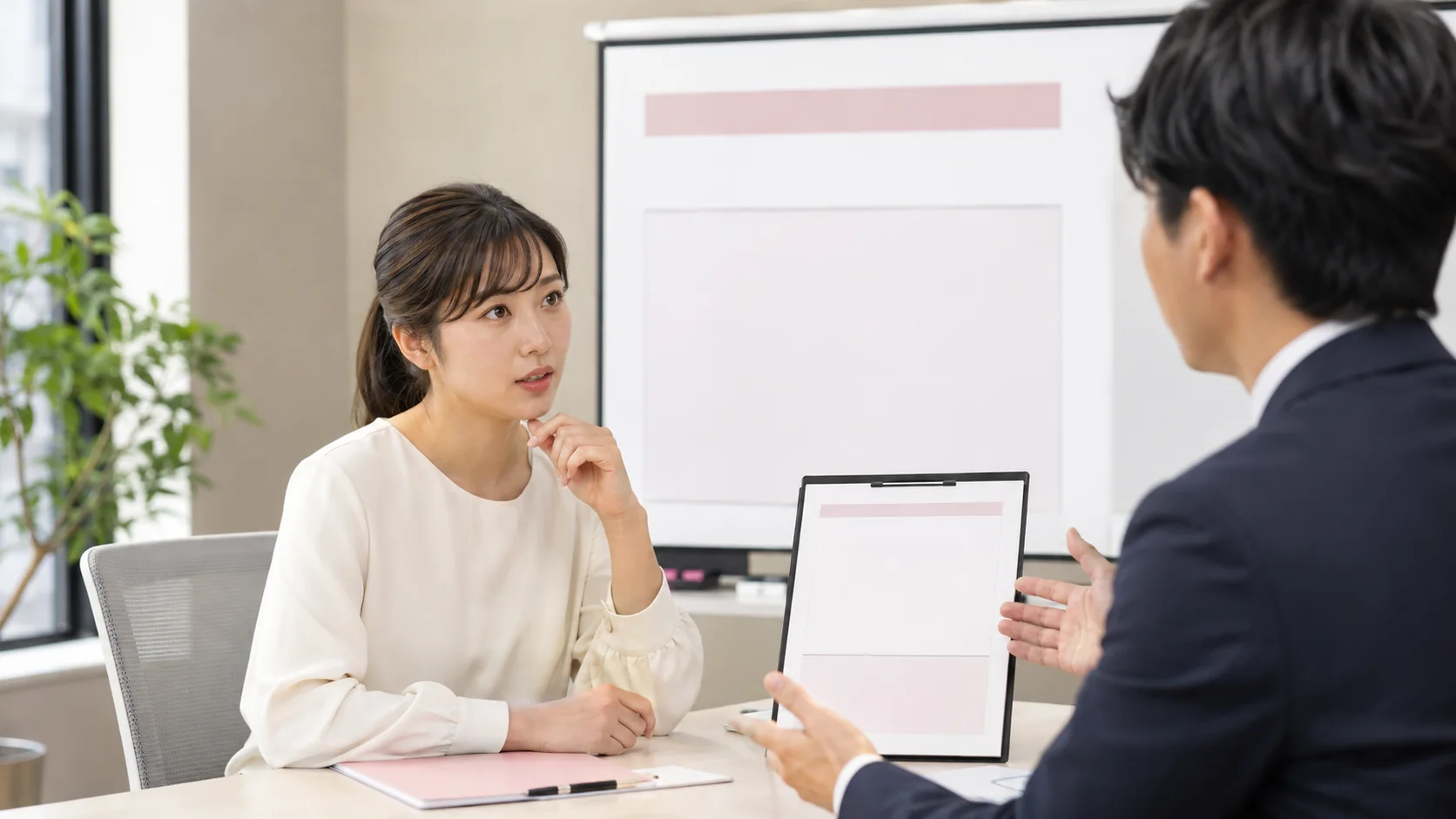 自賠責保険の傷害分の限度額について説明を受ける女性