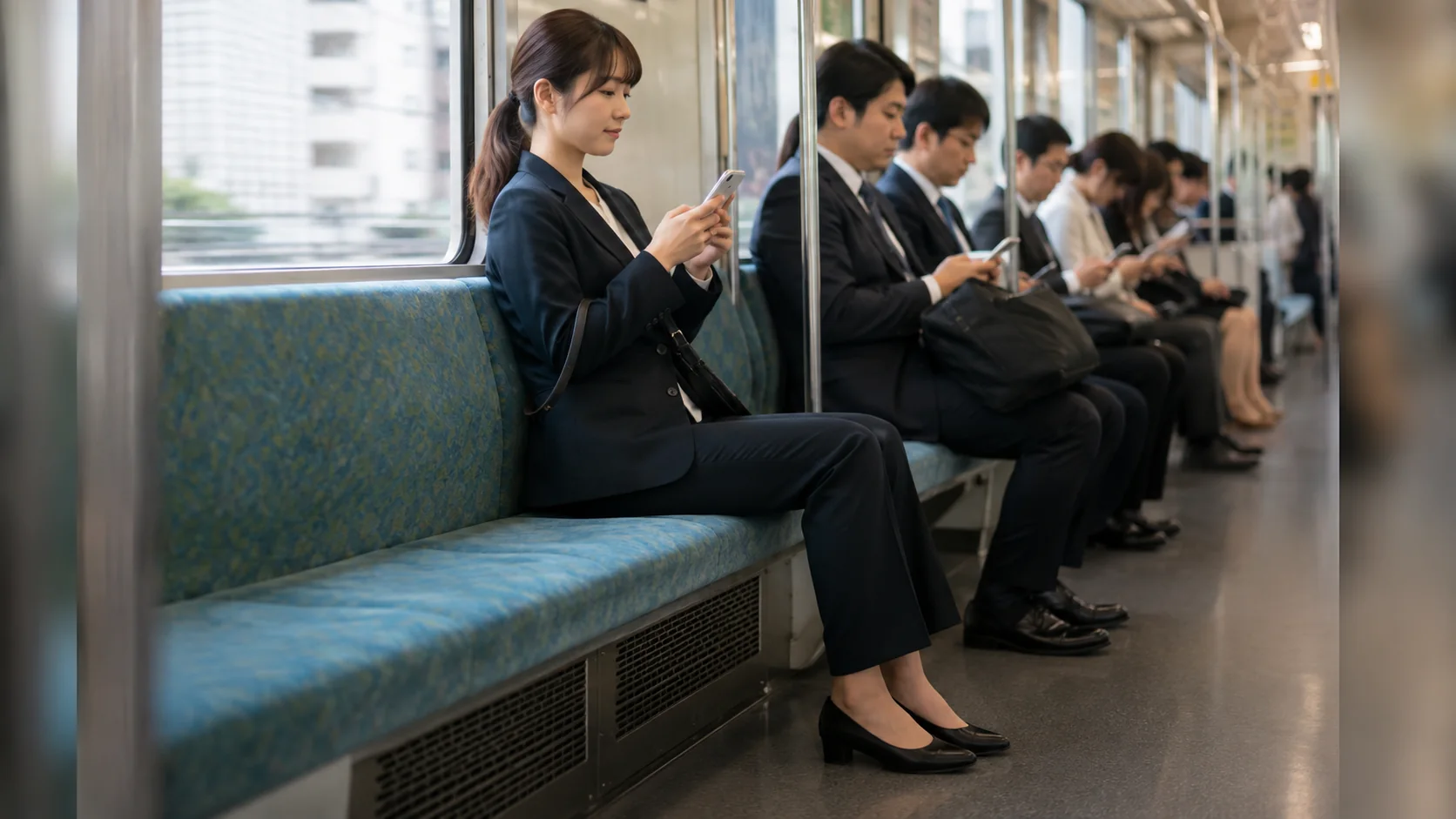 電車の座席に深く座り骨盤を立てる女性