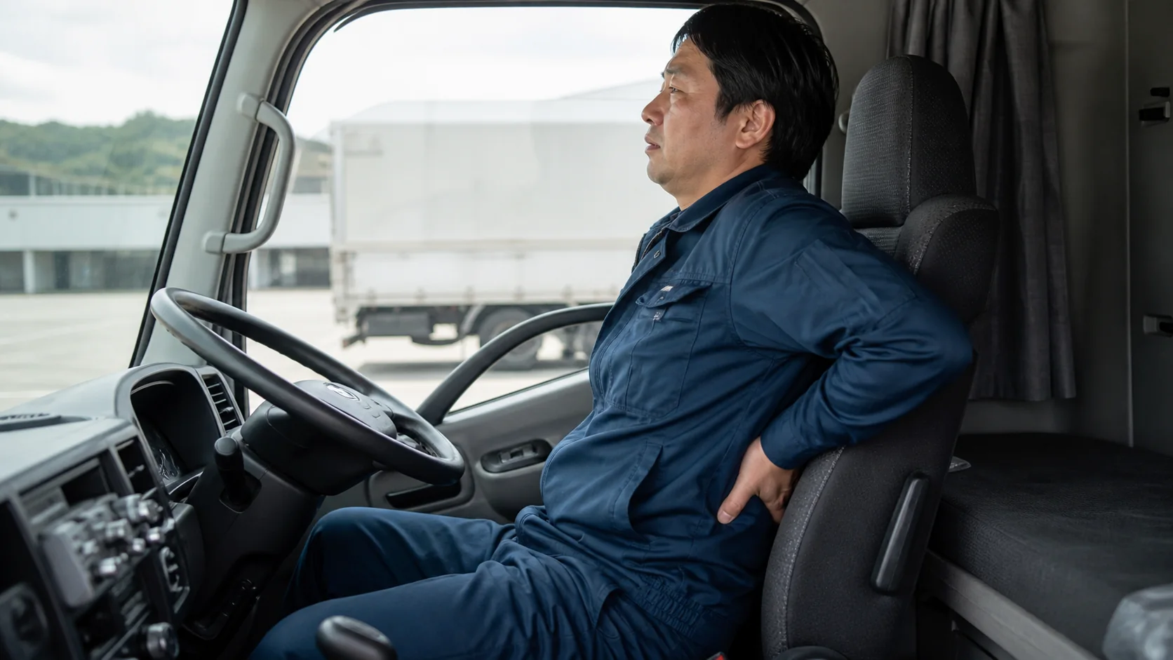 トラックの運転席で腰のこわばりを感じる運転手