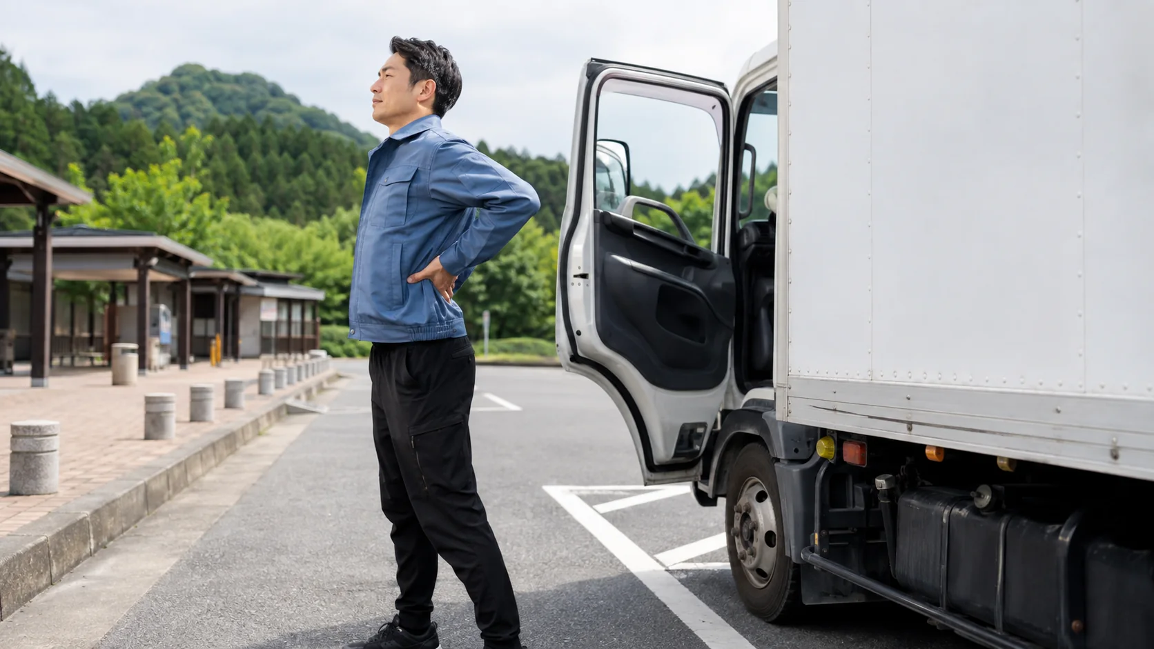 休憩中に車外で腰をリセットする運転手