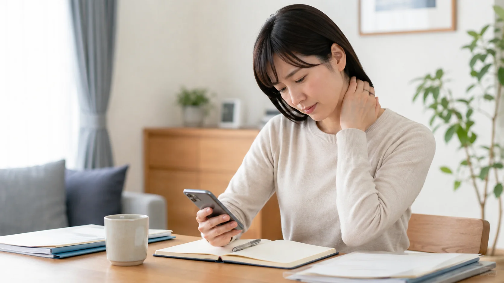 事故後の首の痛みと受診日を早めに記録する女性