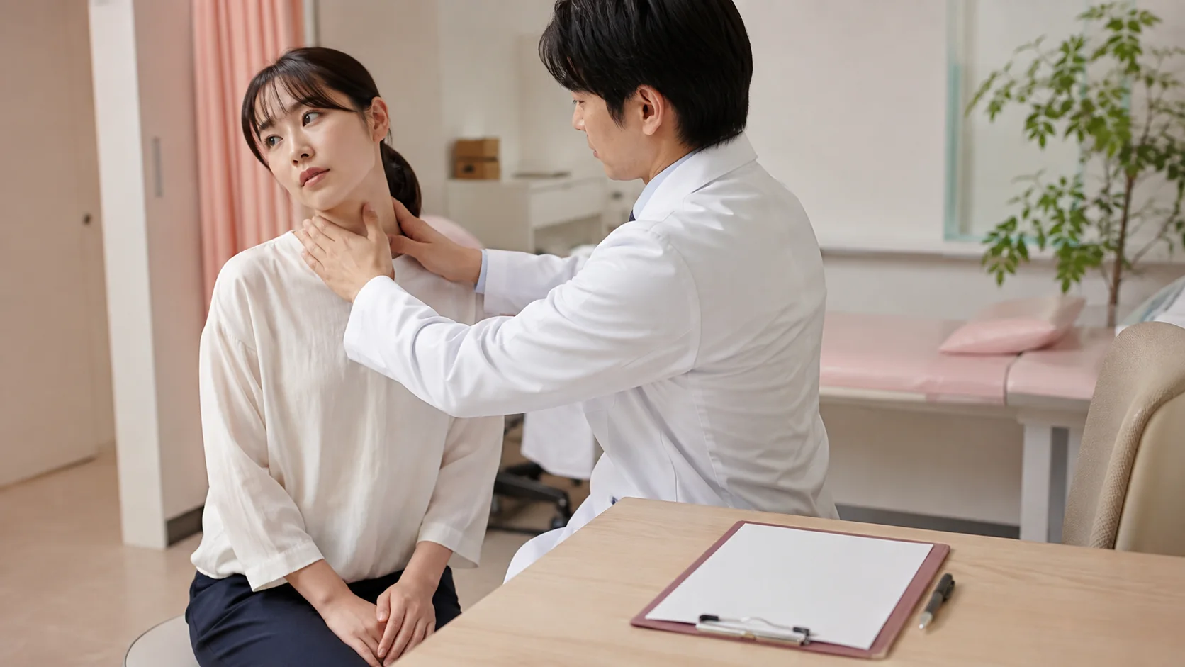 交通事故後に早く受診する二つの理由を確認する女性